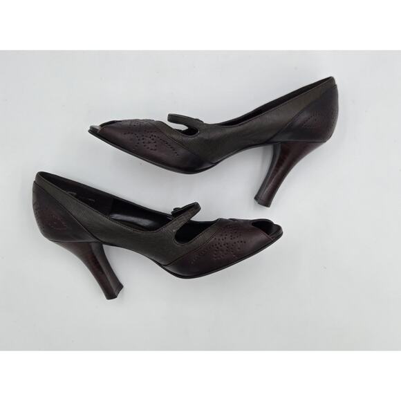 Etienne Aigner Wmn 7.5 Bossy Dark Brown Leather Peep Toe Mary Jane Pump Heels - Picture 5 of 9
